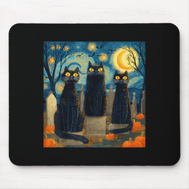Three Black Cat Starry Night Van Gogh Pumpkins Mouse Mat (Front)