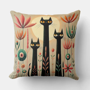 Three Black Cats Amid Vibrant Floral Design Cushion