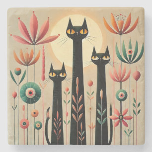 Three Black Cats Amid Vibrant Floral Design Stone Coaster