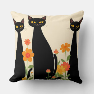 Three Black Cats Among Bright Flowers Cushion