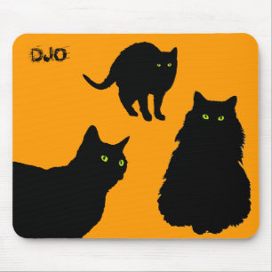 Three Black Cats and Orange Mouse Mat