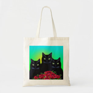 Three Black Cats and Red Roses Tote Bag