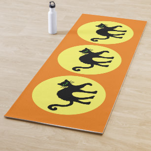 Three Black Cats Arched Backs Yellow Moon Orange Yoga Mat