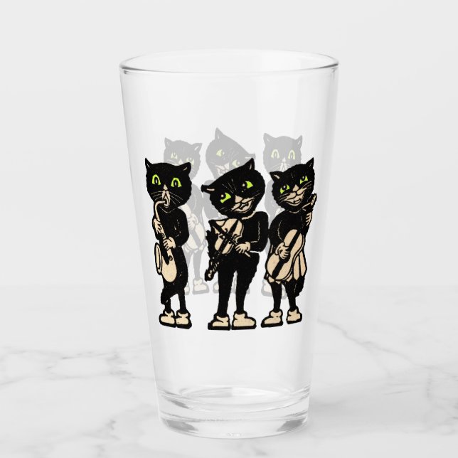 Three Black Cats Green Eyes Playing Music Glass (Front)