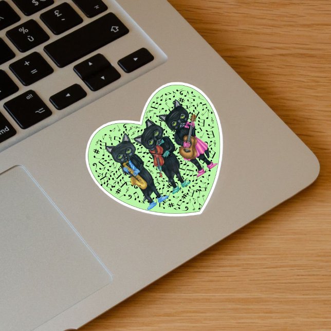 Three Black Cats Playing Music Green Heart (Black Cat musicians playing instruments in clothes on green heart with music notes on vinyl sticker.)