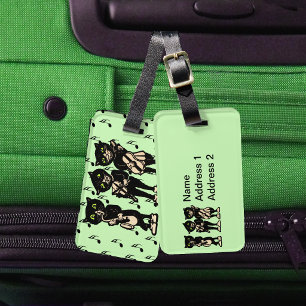 Three Black Cats Playing Music Instruments Green Luggage Tag