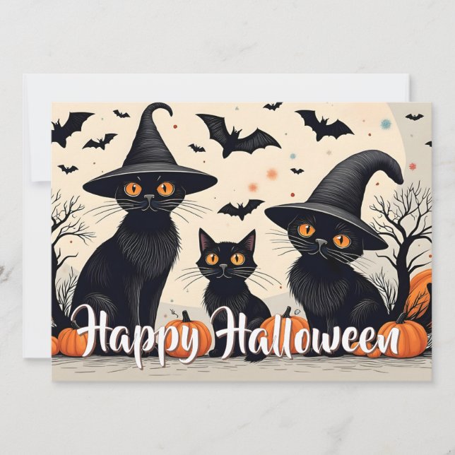 Three Black Cats with Hats on Halloween (Front)