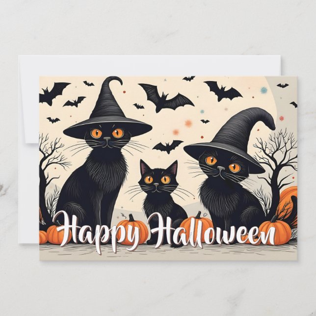 Three Black Cats with Hats on Halloween (Front)