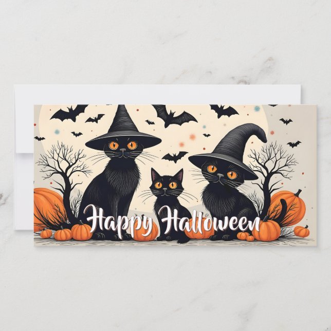 Three Black Cats with Hats on Halloween (Front)