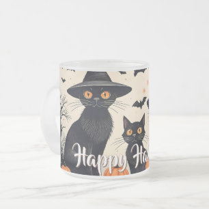 Three Black Cats with Hats on Halloween Frosted Glass Coffee Mug