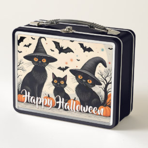 Three Black Cats with Hats on Halloween Metal Lunch Box
