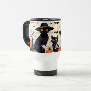 Three Black Cats with Hats on Halloween Travel Mug