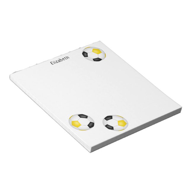 three black gold soccer balls personalised notepad (Angled)