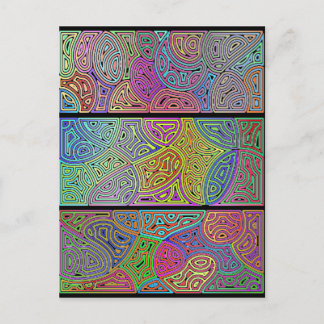three blocks of multicolored abstract shapes postcard