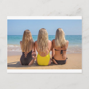 Three blonde dutch girls sit on beach.JPG Postcard