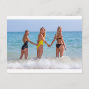 Three blonde girls standing in sea.JPG Postcard