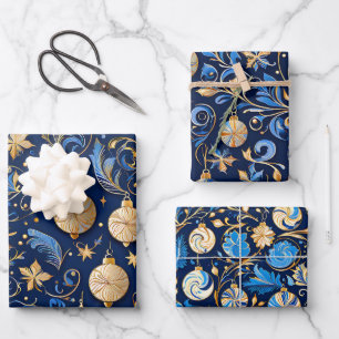Three Blue and Gold Ornamental Designs Christmas Wrapping Paper Sheet