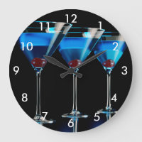 Three blue cocktails with cherry on black