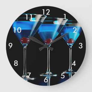 Three blue cocktails with cherry on black large clock