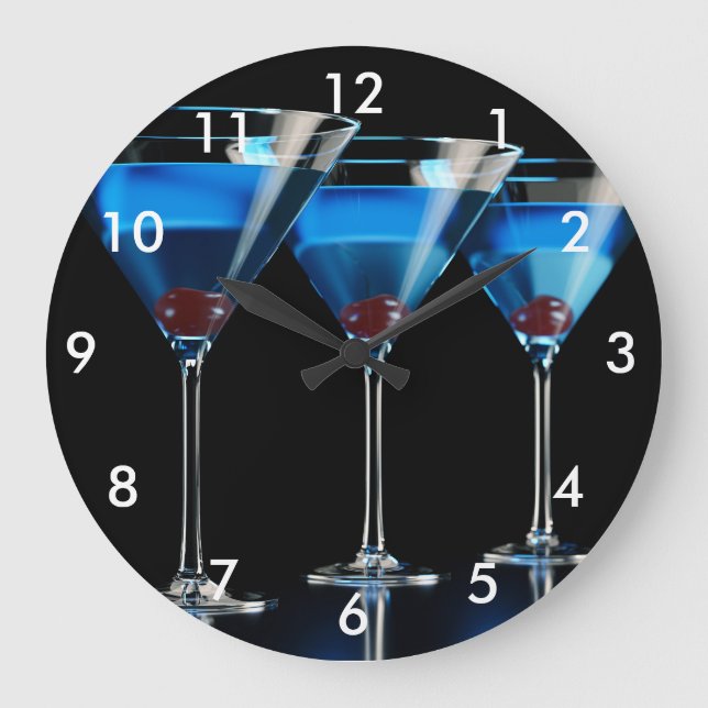 Three blue cocktails with cherry on black large clock (Front)