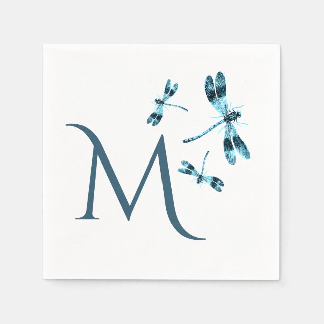 Three Blue Dragonflies Cute Monogram Napkin (Front)
