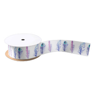 Three blue feathers satin ribbon