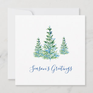 Three Blue Green Watercolor Pine Trees  Holiday Card