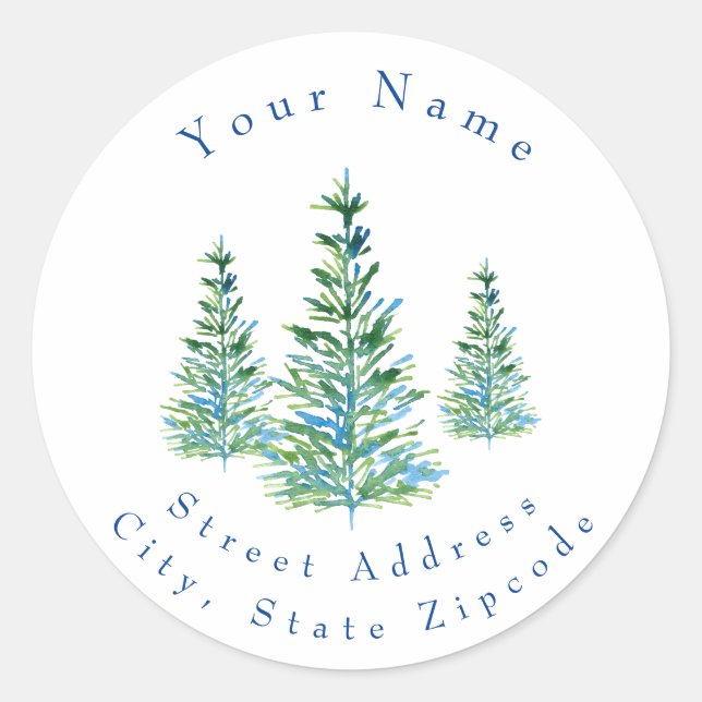 'Three Blue Green Watercolor  Pine Trees' Labels (Front)