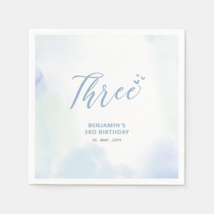 Three   Blue Hearts & Watercolor Boy 3rd Birthday Napkin