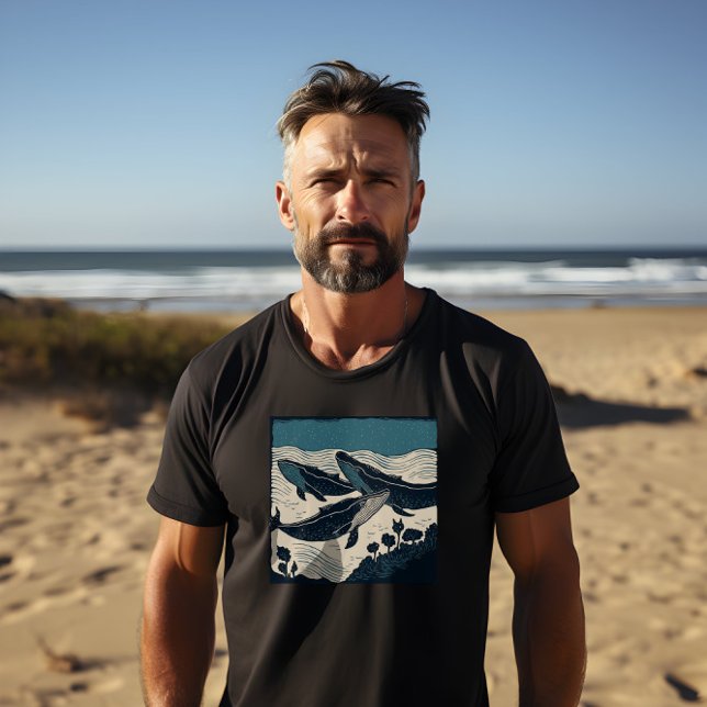Three Blue Whales, Bold Print Men's Black T-Shirt (A bold print of three blue whales under the sea on a men's black t-shirt, perfect for animal lovers.)