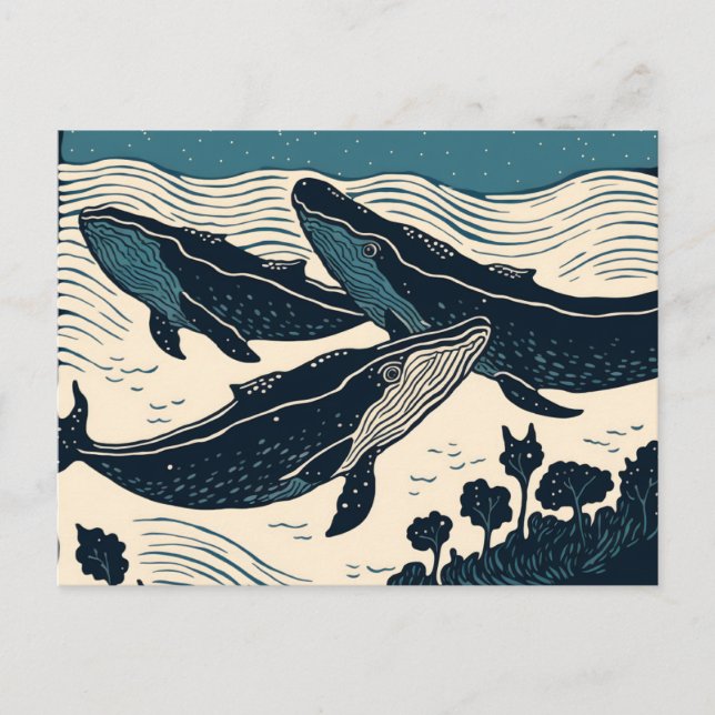 Three Blue Whales Modern Art Linocut Inspired Postcard (Front)
