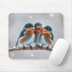 Three Bluebirds On a Snowy Branch Mouse Mat