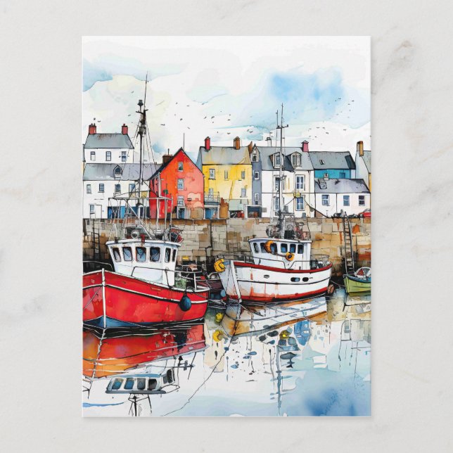 Three Boats In The Fishing Harbour Postcard (Front)