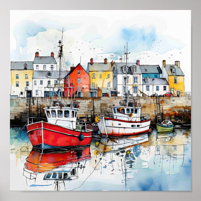 Three Boats In The Fishing Harbour Poster (Front)