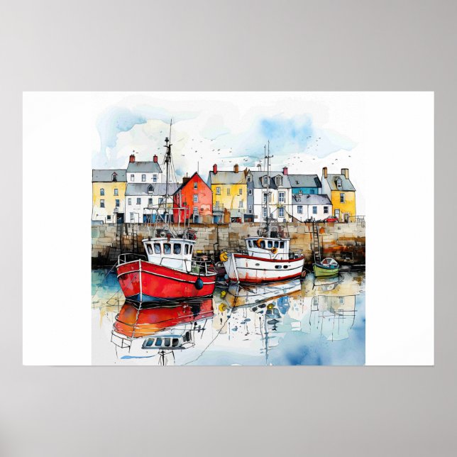 Three Boats In The Fishing Harbour Poster (Front)