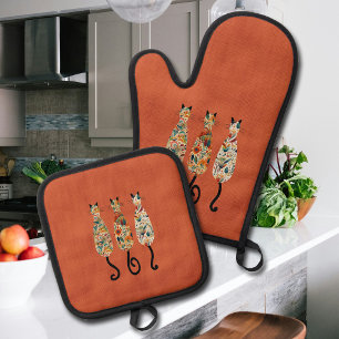 Three Boho Cats Orange Oven Mitt & Pot Holder Set