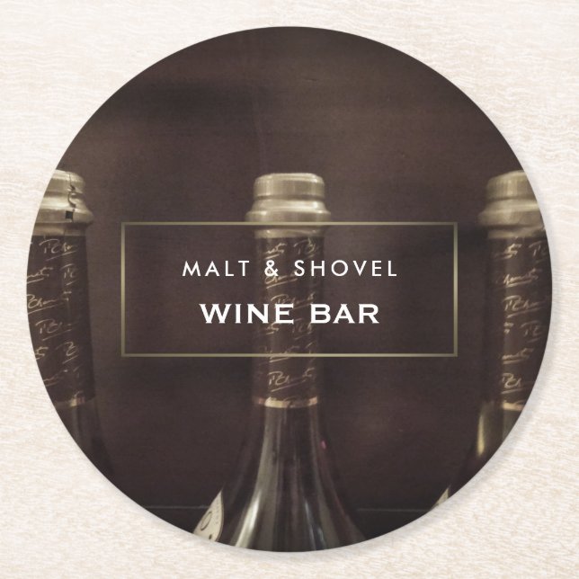 Three Bottle Display, Rustic Wine Bar Round Paper Coaster (Front)