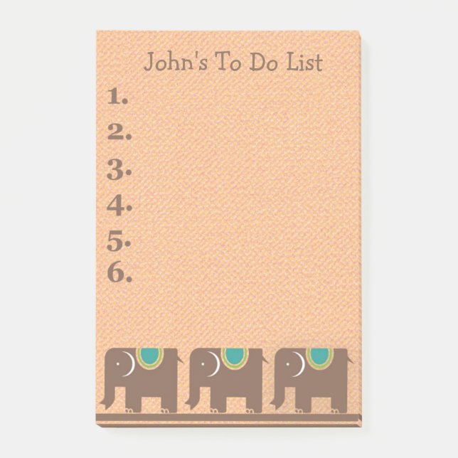 Three Brown Teal Elephants Personalised To Do List Post-it Notes (Front)