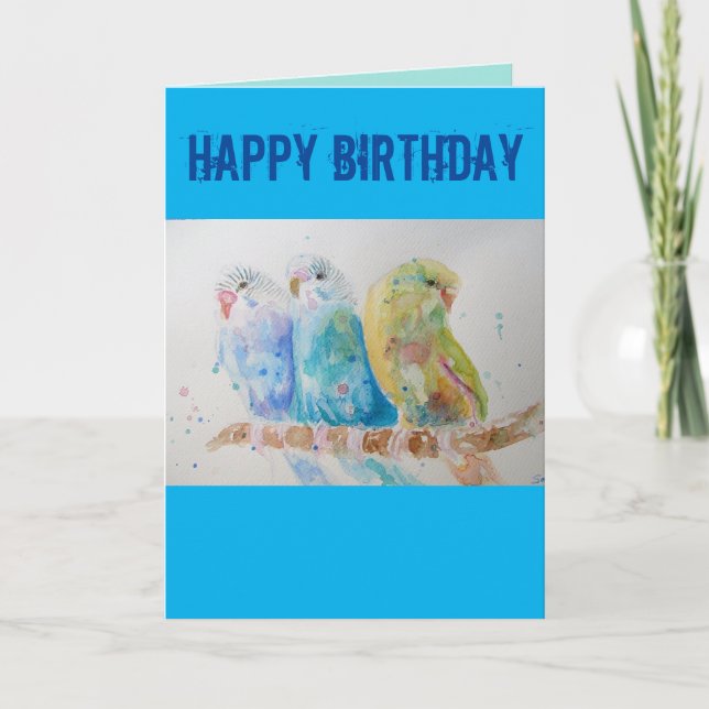 Three Budgies Sitting Blue Budgie Watercolour Card (Front)