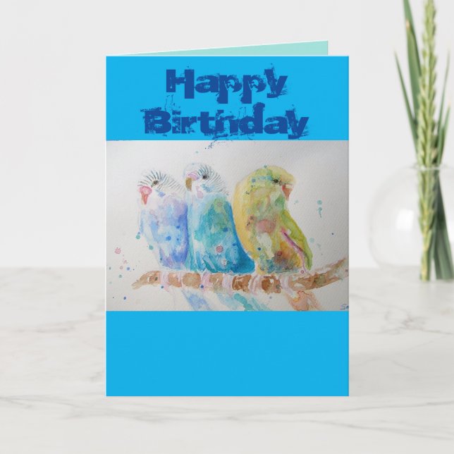 Three Budgies Sitting Blue Budgie Watercolour Card (Front)