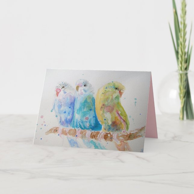 Three Budgies Sitting on a Branch cute Card (Front)
