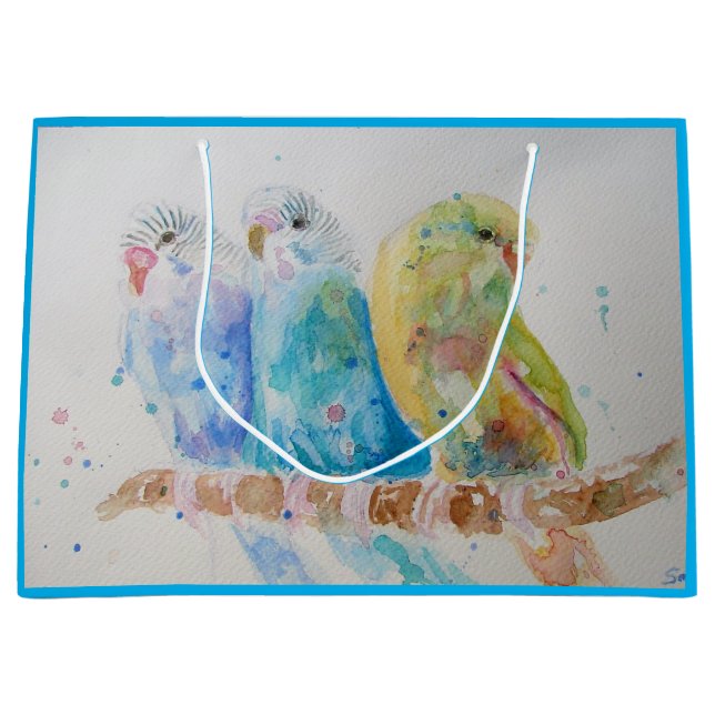 Three Budgies Sitting Watercolour blue Gift Bag (Front)