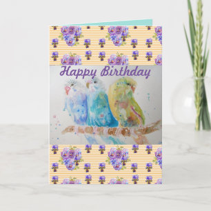 Three Budgies Yellow Budgie Watercolour art Card
