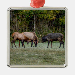 Three Bull Elk Fight Metal Tree Decoration