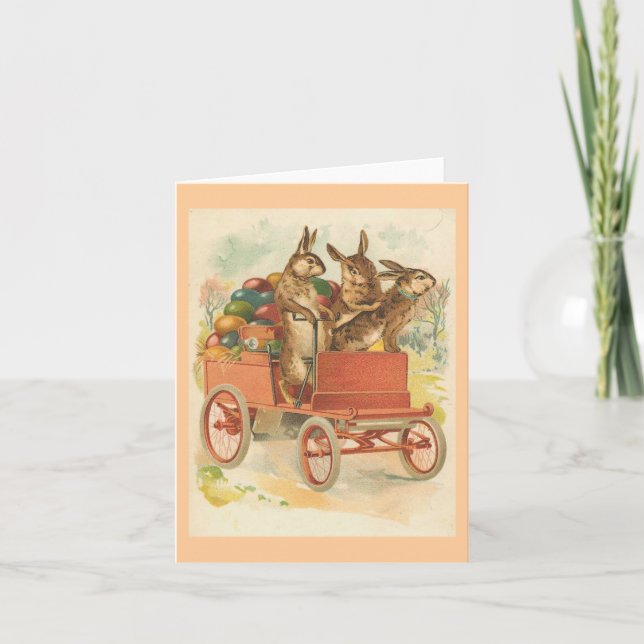 Three Bunnies With Eggs Vintage Easter Holiday Card (Front)