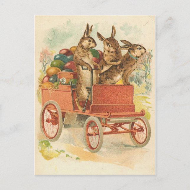 Three Bunnies With Eggs Vintage Easter Holiday Postcard (Front)