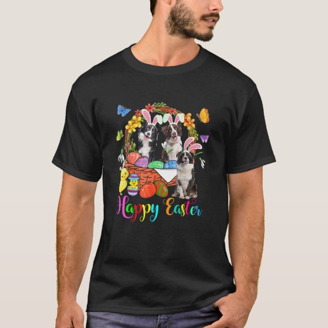 Three Bunny Border Collie Dogs In Easter Eggs Bask T-Shirt (Front)