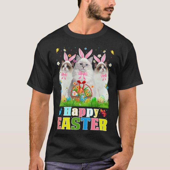 Three Bunny Ragdoll Cats & Easter Egg Basket Easte T-Shirt (Front)