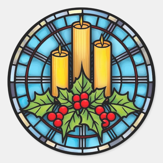 Three Candles With Holly Christmas Stained Glass  Classic Round Sticker (Front)