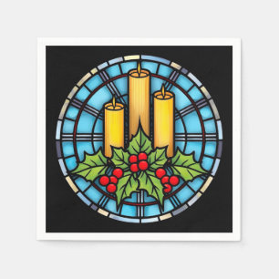 Three Candles With Holly Christmas Stained Glass  Napkin